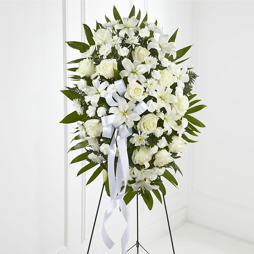 Exquisite Tribute Standing Spray-White Ribbon – Minish And Potts Llc, Crestwood KY